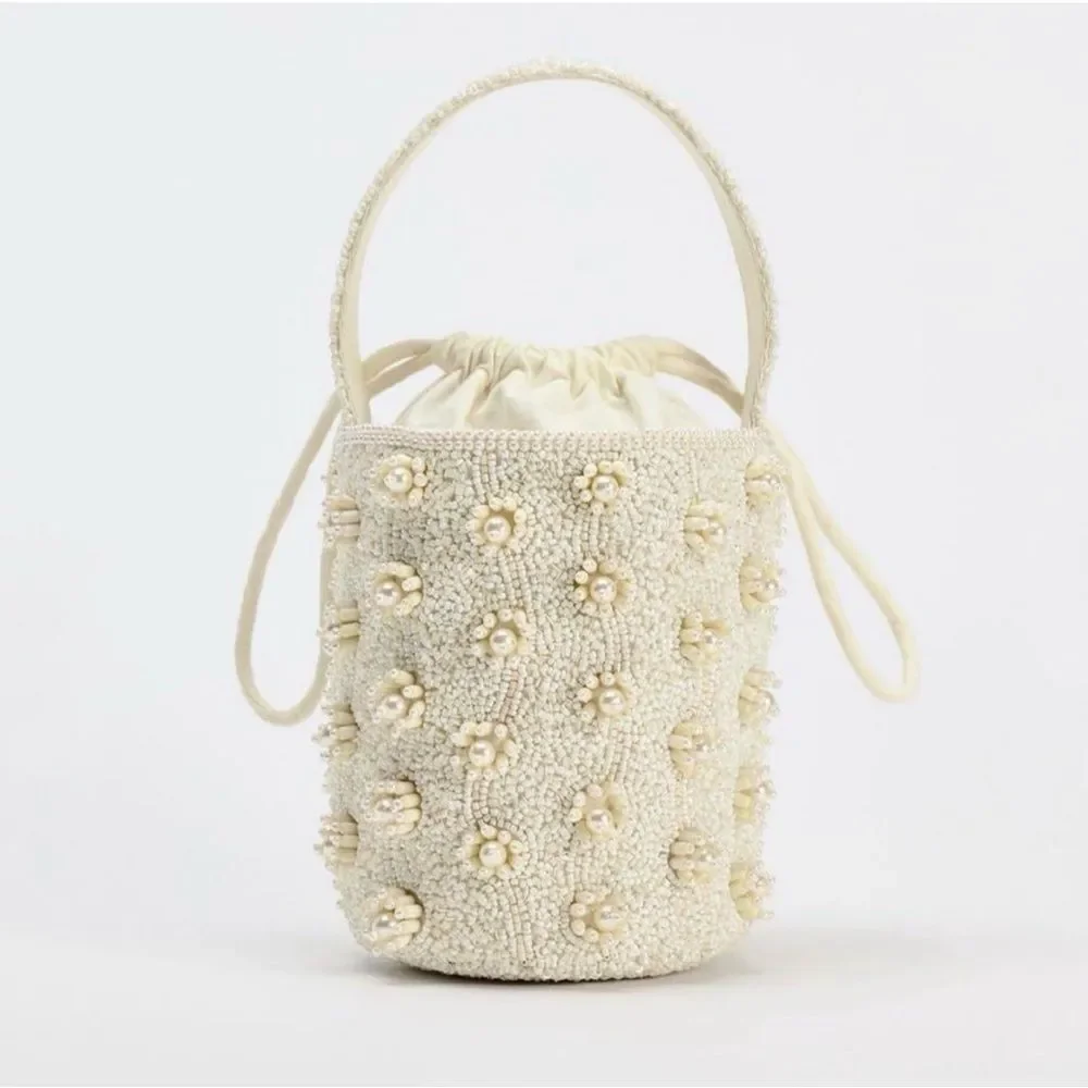 Zara Pearl Beaded Bucket Bag, Top Handle & Shoulder Chain Strap NWOT